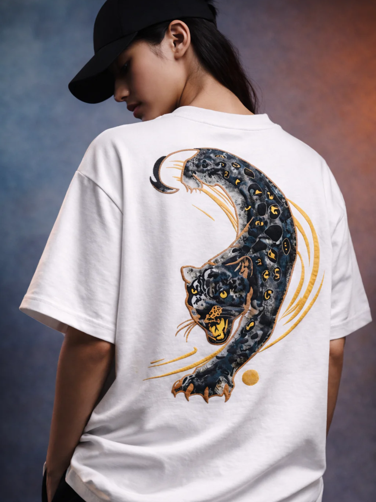 Midnight Panther White Oversized Tee - Women