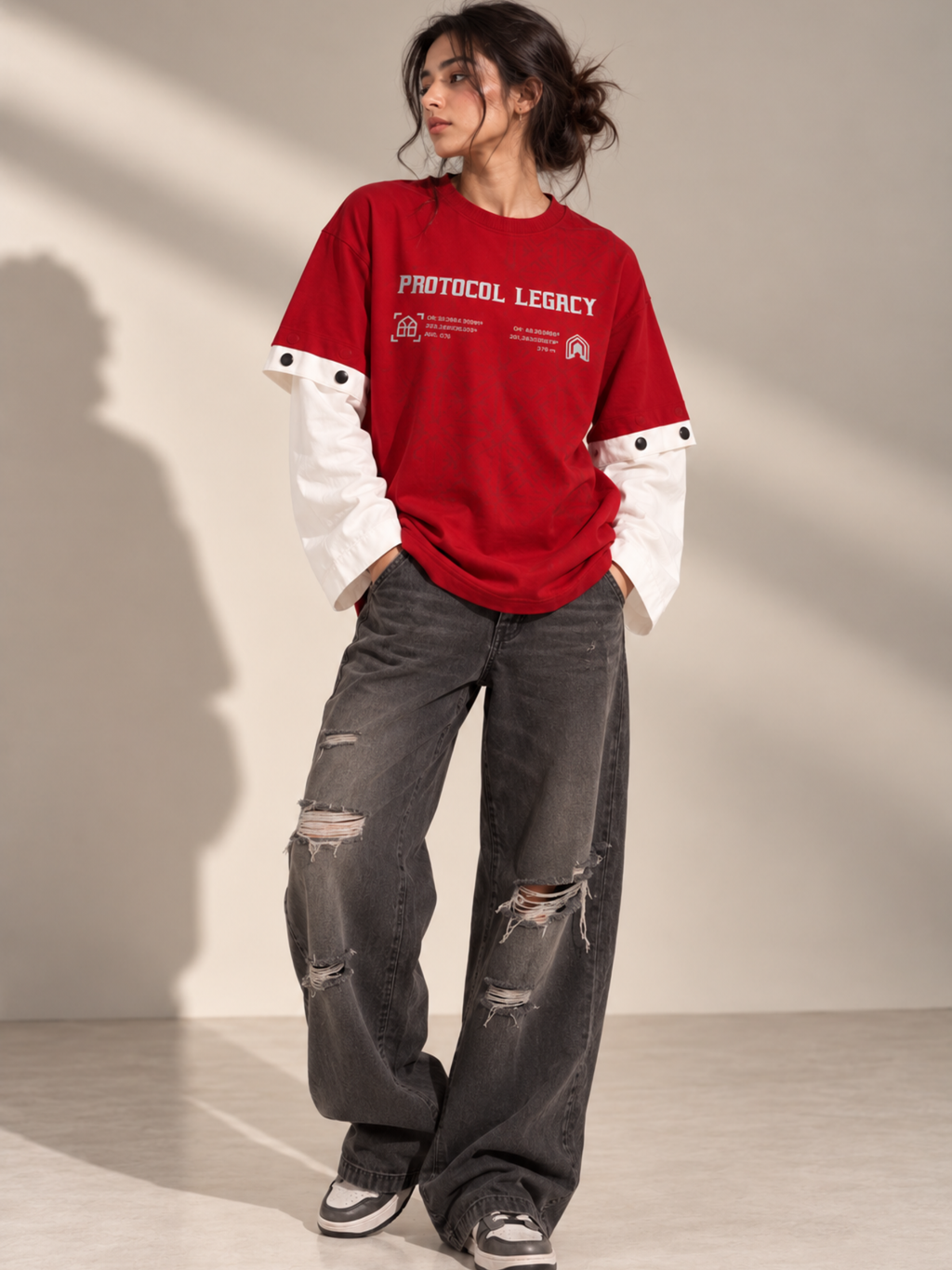 Protocol 2.0 Oversized Tee Detachable Sleeve Red-Women
