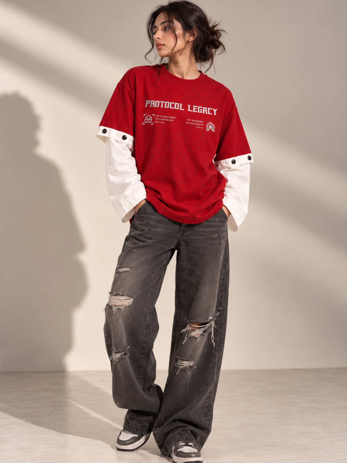 Protocol 2.0 Oversized Tee Detachable Sleeve Red-Women