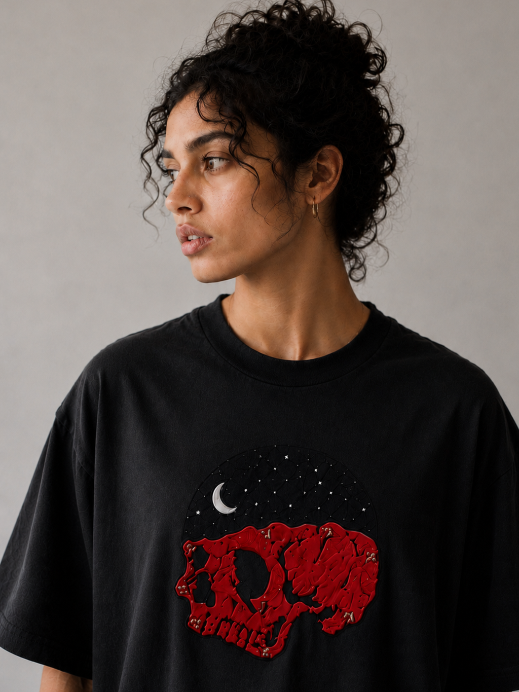 The Skull Oversized Black Tee Detachable Sleeves -Women
