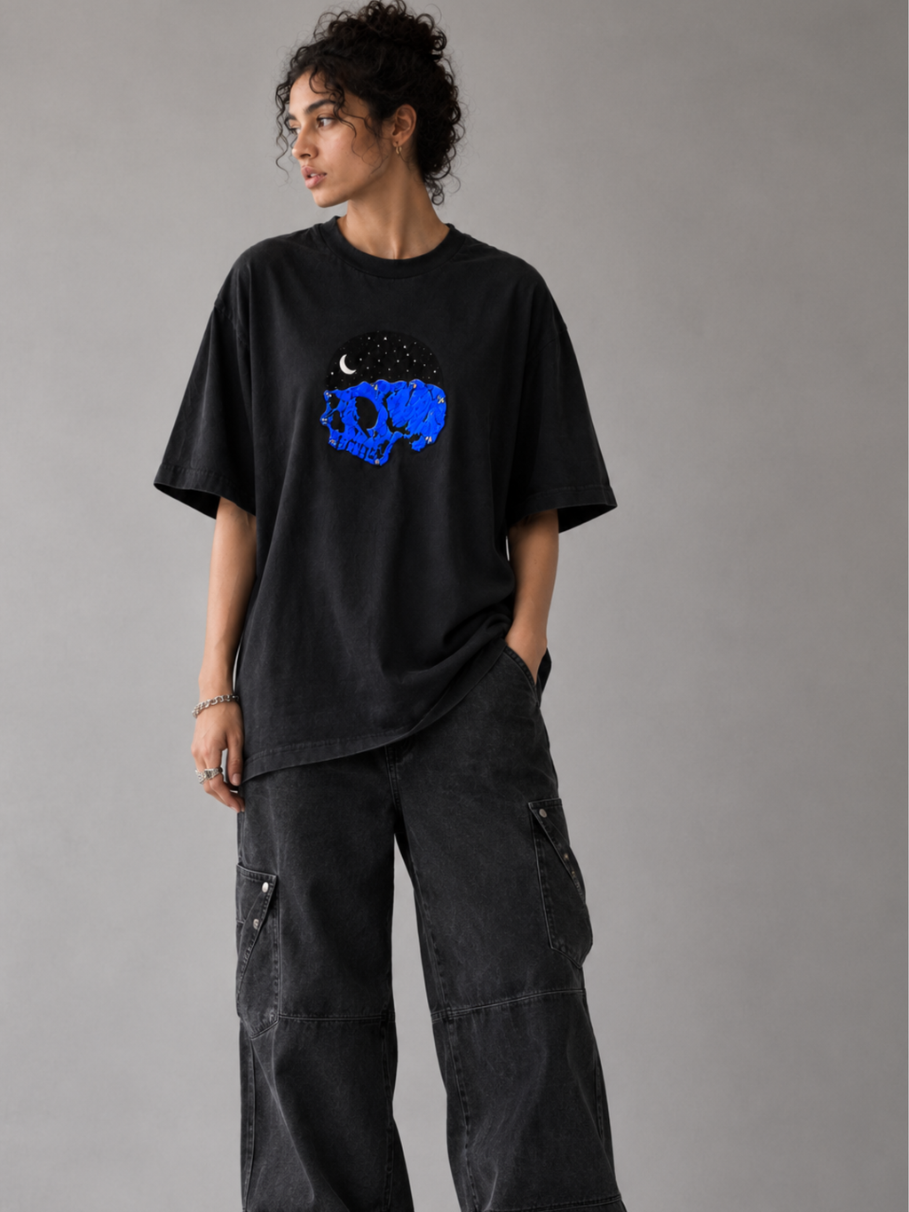 The Skull Oversized Black Tee Detachable Sleeves -Women