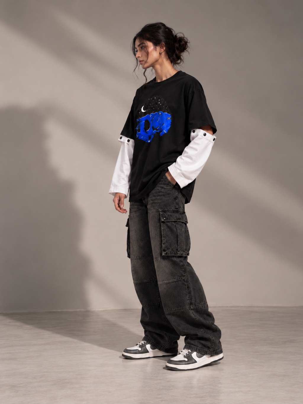 The Skull Oversized Black Tee Detachable Sleeves -Women