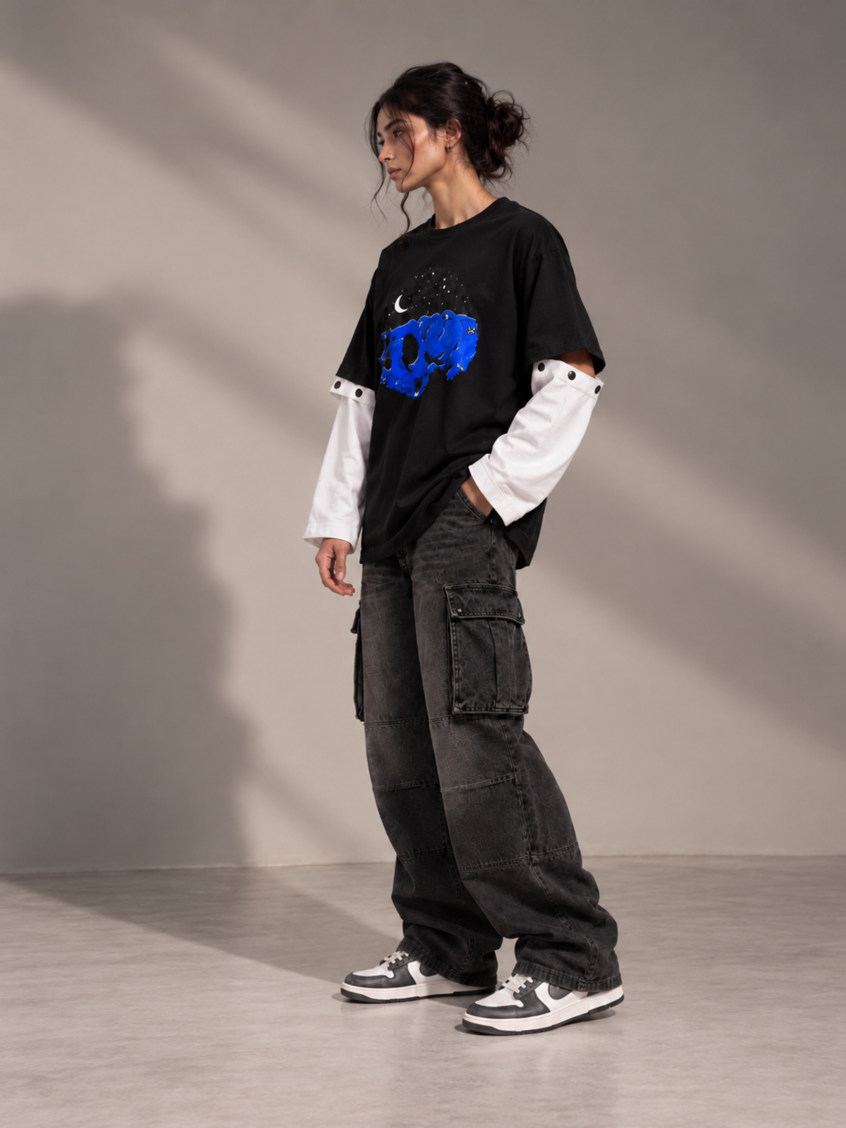 The Skull Oversized Black Tee Detachable Sleeves -Women